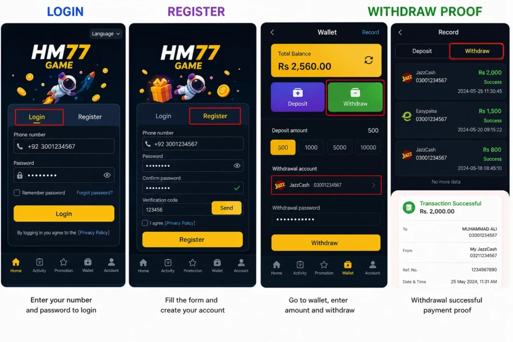 Login register and withdraw proof screenshot